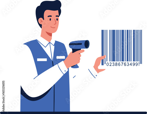 Male cashier scanning barcode with handheld scanner in retail store vector illustration 
