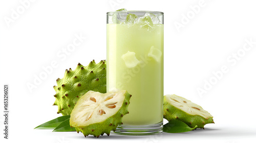 Refreshing soursop juice with ice, tropical fruit drink, healthy and delicious. Isolated on white background.