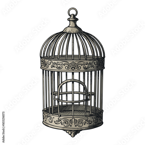 Vintage ornate birdcage with intricate design and open door on white background. Vector illustration