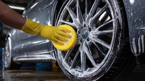 A gloved hand cleans a modern car wheel with a yellow sponge. The car is gray and covered in soap. The tire and rim get a good scrub.