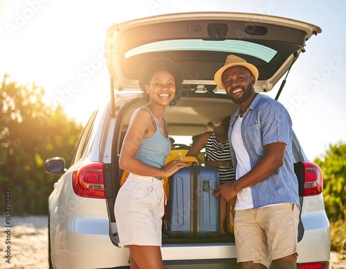 Couple loading car trunk for beach trip