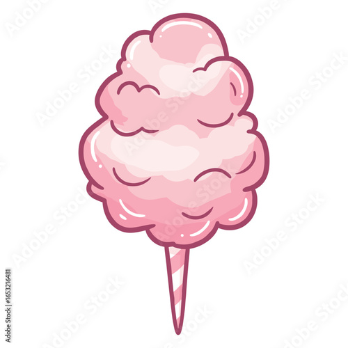 Pink fluffy cotton candy on stick with striped handle. Vector illustration
