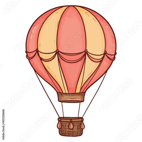 Vintage hot air balloon with red and yellow panels in whimsical design. Vector illustration