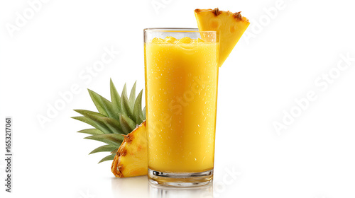 Refreshing pineapple juice in a glass with sliced fruit garnish, a tropical delight on a white background