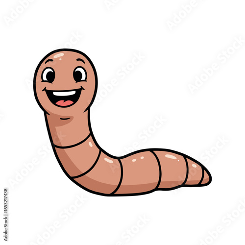 Happy cartoon earthworm character with big smile and playful expression. Vector illustration