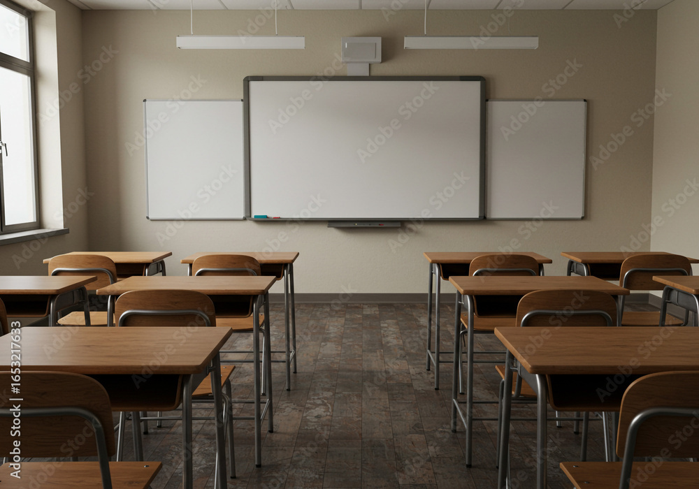 Fototapeta premium A classroom featuring rows of wooden desks and chairs facing a whiteboard on the wall