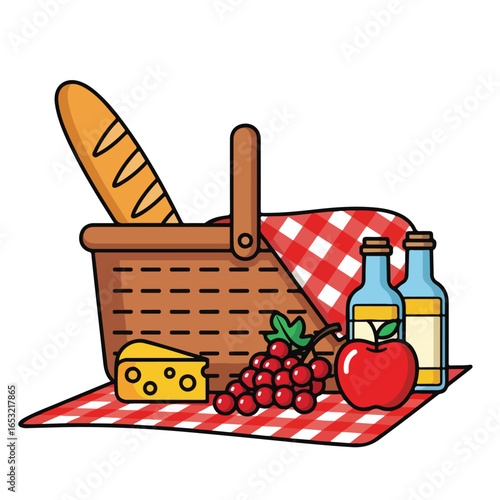 Picnic basket filled with food items on checkered cloth illustration