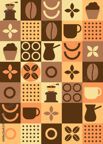 Geometric coffee pattern in minimalist style. Abstract print background with simple shapes for coffee shop, food packaging, cafe wall, menu. Coffee-themed block illustration with coffee beans, cups