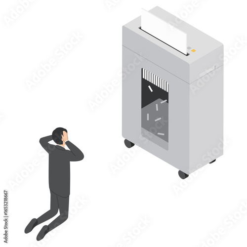 重要な書類を誤ってシュレッダーした男性・アイソメトリック
