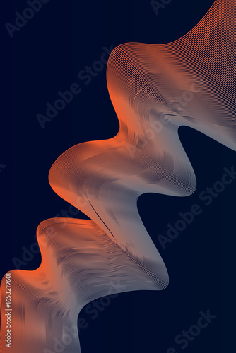 Abstract orange and grey flowing lines on a dark blue background