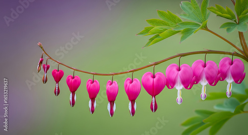 Delicate pink bleeding hearts cascade on branch, symbolizing love and nature's beauty.
