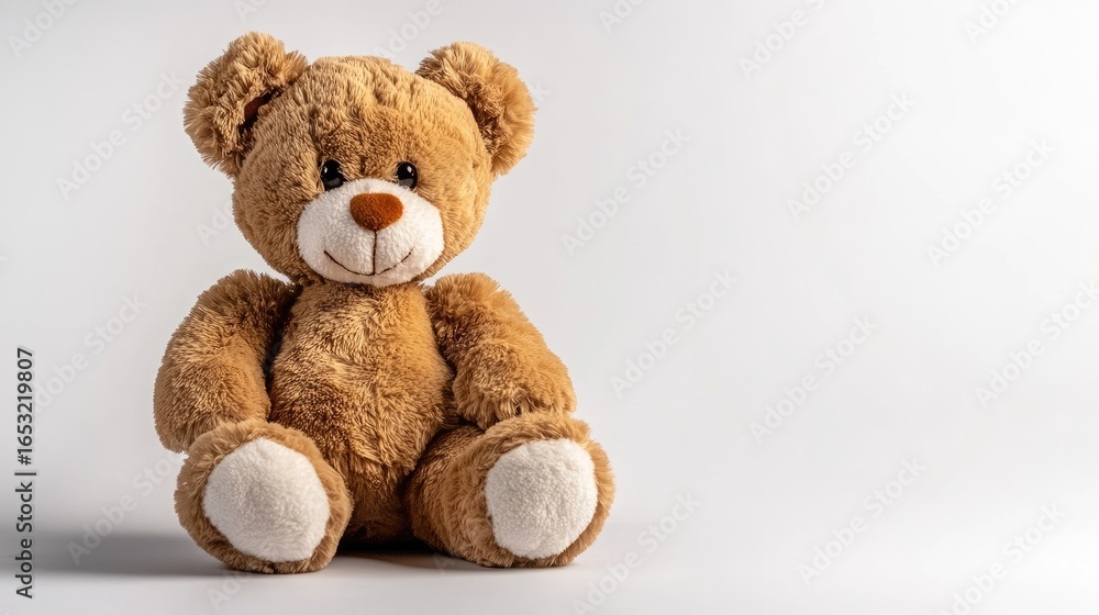 Obraz premium Plush brown teddy bear with heart-shaped nose sitting against a white background