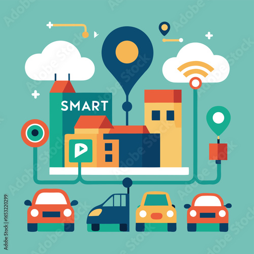 Vector art of a smart city concept with connected cars, buildings, and cloud services, illustrating urban technology, mobility, and the internet of things