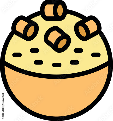 Oatmeal porridge topped with sliced banana pieces served in a bowl, simple breakfast icon