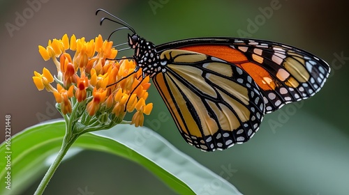 Monarch Butterfly Sipping Nectar from Bright Orange Milkweed Flowers in a Garden