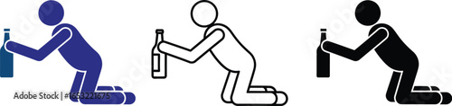 Alcohol addiction stick figure kneeling with bottle vector