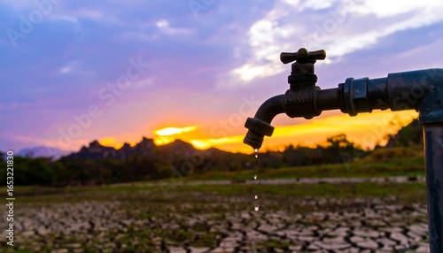 Rusty faucet drips at sunset over cracked earth