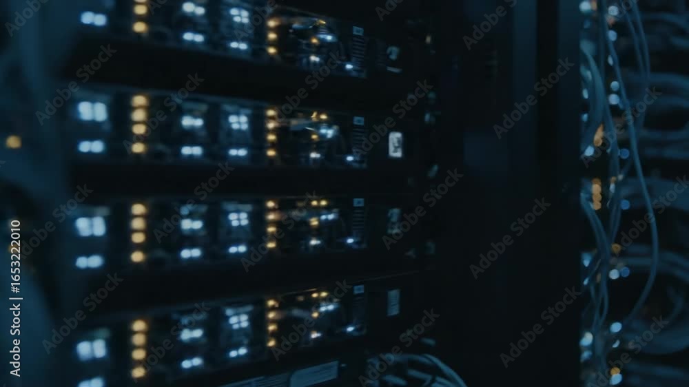 Glowing Server Rack in Data Center - Close-up view of a server rack in ...