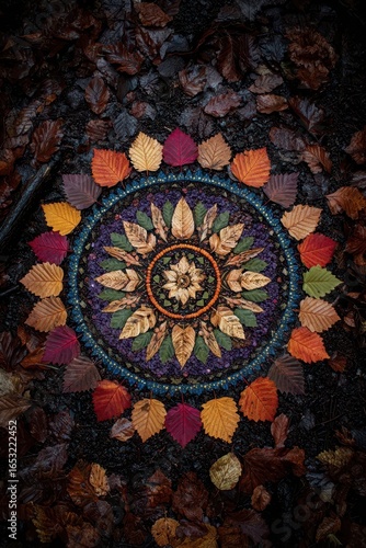 Wallpaper Mural Autumnal Mandala: Colorful Leaves Arranged in Circular Pattern on Forest Floor Torontodigital.ca