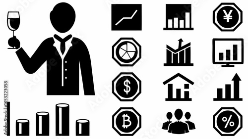 Silhouette of a man holding a wine glass with financial charts and currency symbols displayed in black |  editable eps vectors