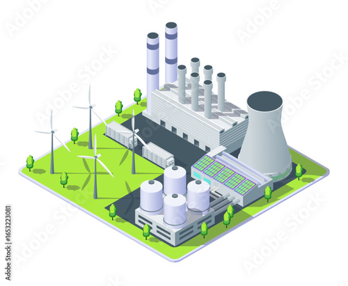 Cartoon Color Combined Energy Sources Power Plant Object Industrial Energy Building Concept 3d Isometric View. Vector illustration