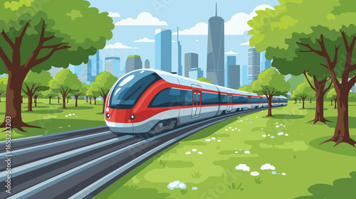 Modern train speeding through a green urban park with city skyscrapers in the background. Bright vector illustration in sleek futuristic style.