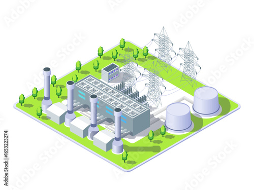Cartoon Color Geothermal Power Plant Object Industrial Energy Building Concept 3d Isometric View Isolated on a White. Vector illustration