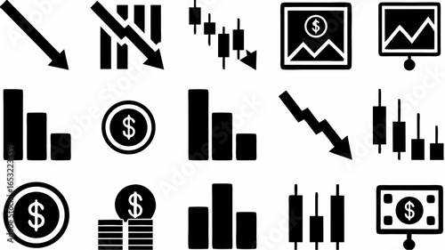 Illustration showing various business and financial decline symbols including graphs and coin icons set up nicely |  editable eps vectors silhouette