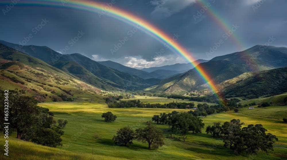 Obraz premium Majestic Landscape with Double Rainbow Over Green Valley and Mountains