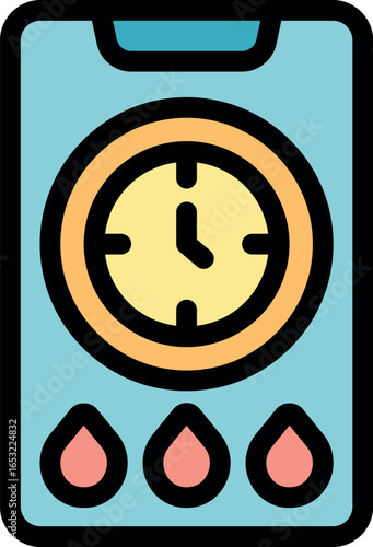 Period tracker app interface displaying clock and blood drops, symbolizing menstruation cycle monitoring and feminine health management