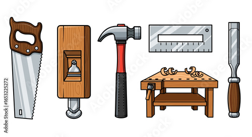 Illustrated Carpentry Tools and Workbench Displayed on a Clean White Backdrop