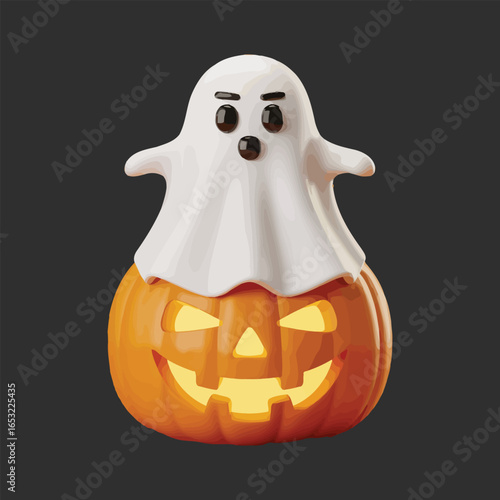 3D rendered Halloween pumpkin with carved face and a white ghost sitting on top jackolantern spooky