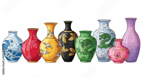 Ornate ceramic vases in a colorful artistic arrangement on white