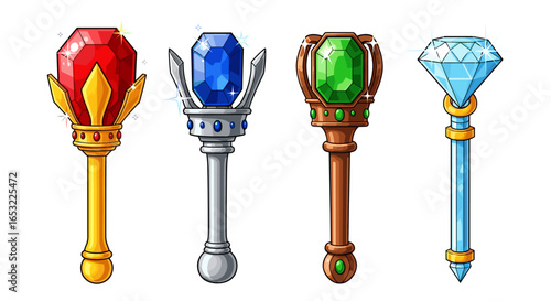 Cartoon illustration of four magical staffs adorned with various gemstones