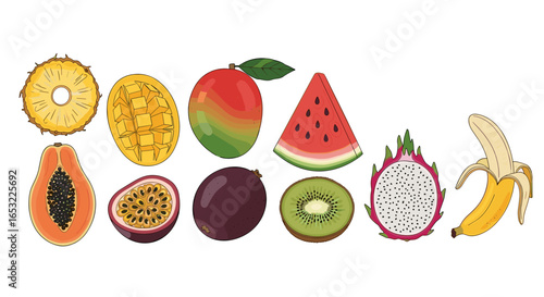 Fresh colorful tropical fruits assortment illustration on an isolated background