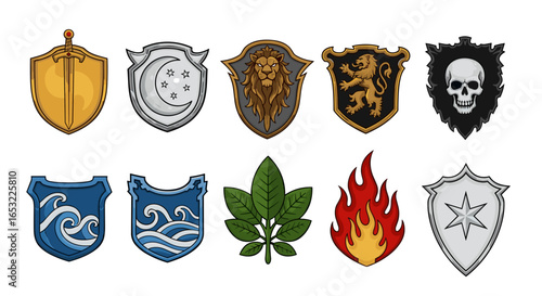 Heraldic Shields Collection: Fantasy Designs with Lion, Sword, Skull, and Nature