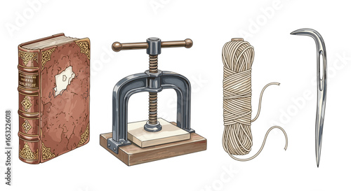 Bookbinding Tools: Illustration of Antiquarian Book, Press, Thread and Needle
