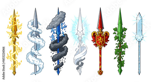 Magical elemental spears arrayed on a pristine white background