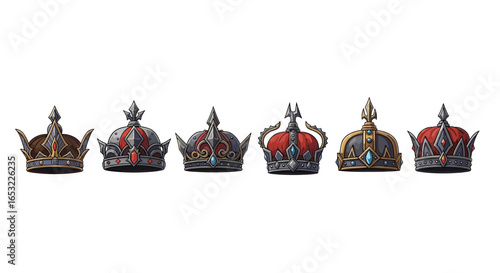 Row of Royal Crowns: Cartoonish Kingly Regalia with Precious Gems