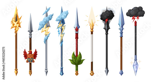 Collection of fantasy spears with elemental magic on a white backdrop.