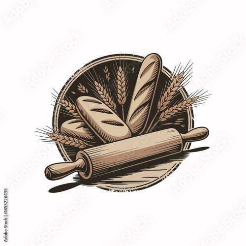 Rustic bakery scene with baguettes rolling pin and wheat stalks