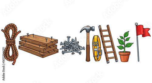 Construction and Success Cartoon Illustration: Rope, Wood, and Tools