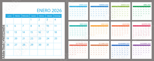 Spanish calendar planner 2026 year, schedule month calender, organizer template. Week starts on Monday. Business personal page for Spain. Modern simple vector illustration