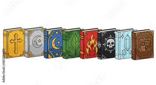 Colorful Cartoon Fantasy Spell Books Isolated on White Background
