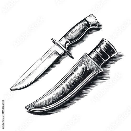 Detailed sketch of a hunting knife and leather sheath