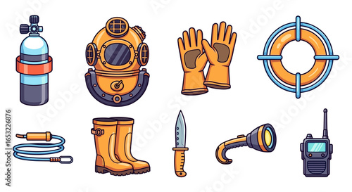 Illustrated set of essential equipment for professional underwater diving