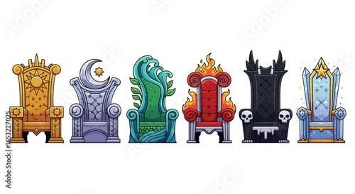 Cartoon fantasy thrones collection, different elements and materials in a row.