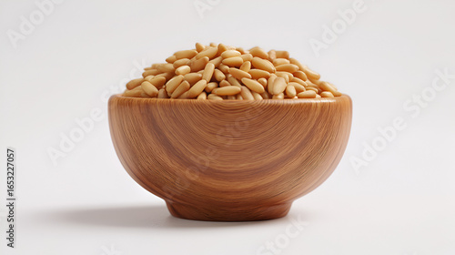 Wooden bowl filled with fresh pine nuts on a white background ready to eat. Studio shot of nut bowl