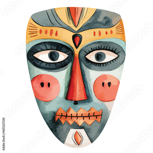 Vibrant Watercolor Tribal Mask with Bold Geometric Designs