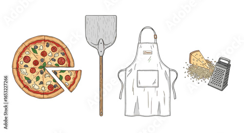 Pizza ingredients and preparation tools isolated on a white background.